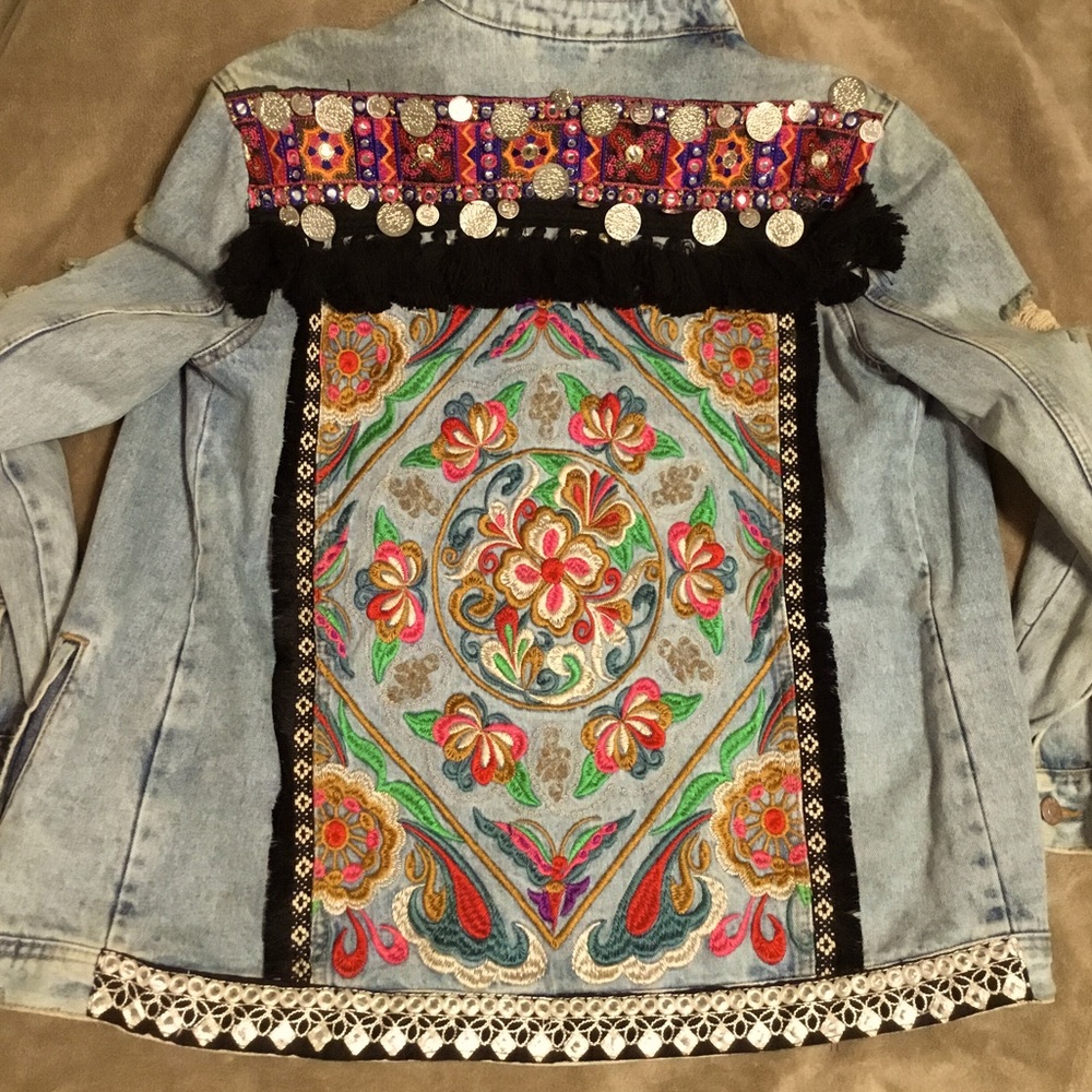 River Island Embroidered Hippie Bohemian Back Denim Jacket